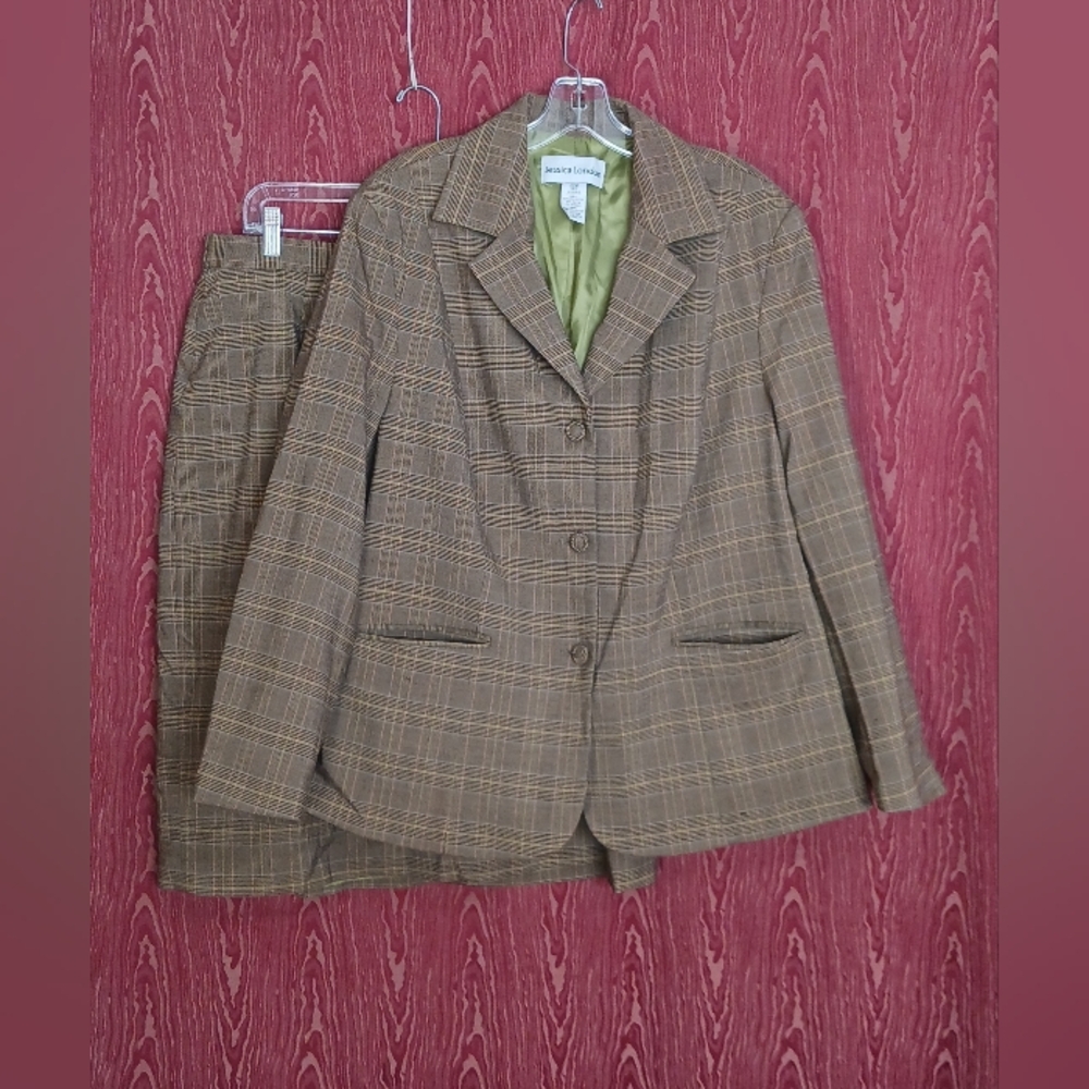 JESSICA LONDON 2 Piece Sz 20W Brownish Collared 3/4 Sleeve Skirt Suit Women's